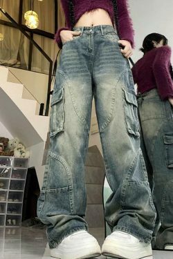 Y2K Aesthetic Street Style Cargo Jeans with Multiple Pockets