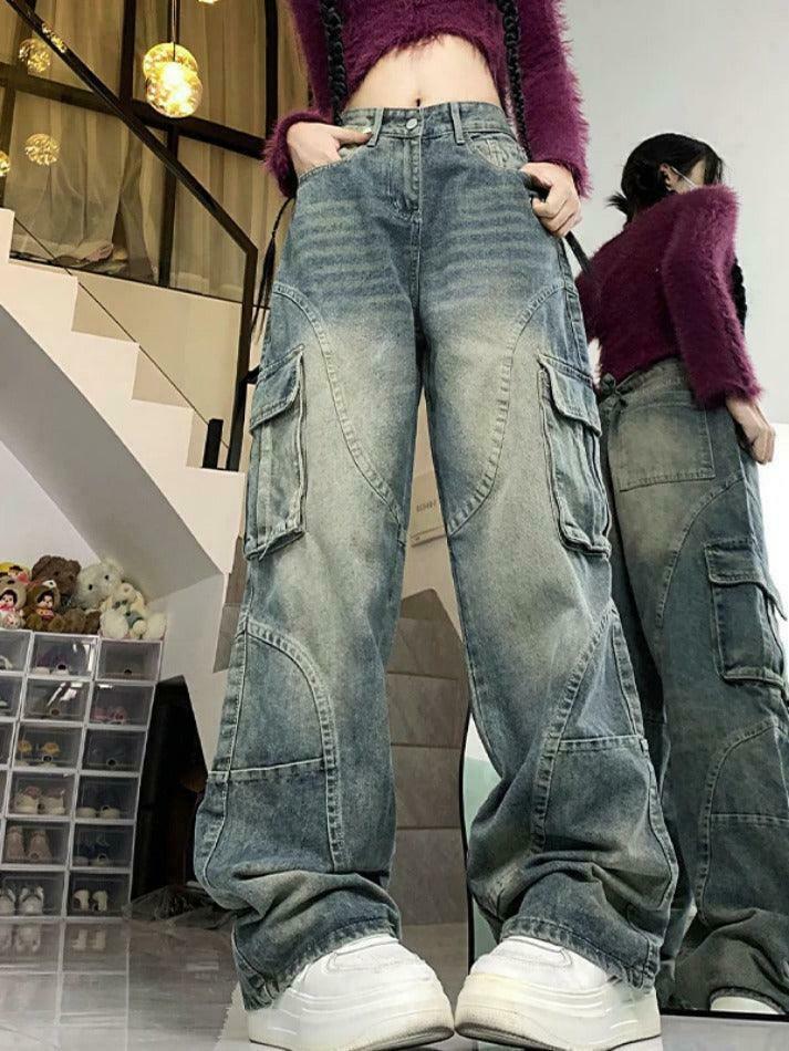 Y2K Aesthetic Street Style Cargo Jeans with Multiple Pockets Y2K Aesthetic Street Style Cargo Jeans with Multiple Pockets