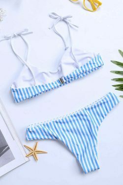 Y2K Aesthetic Stripe Tie Front Halter String Bikini Swimsuit Set - Women's Fashion