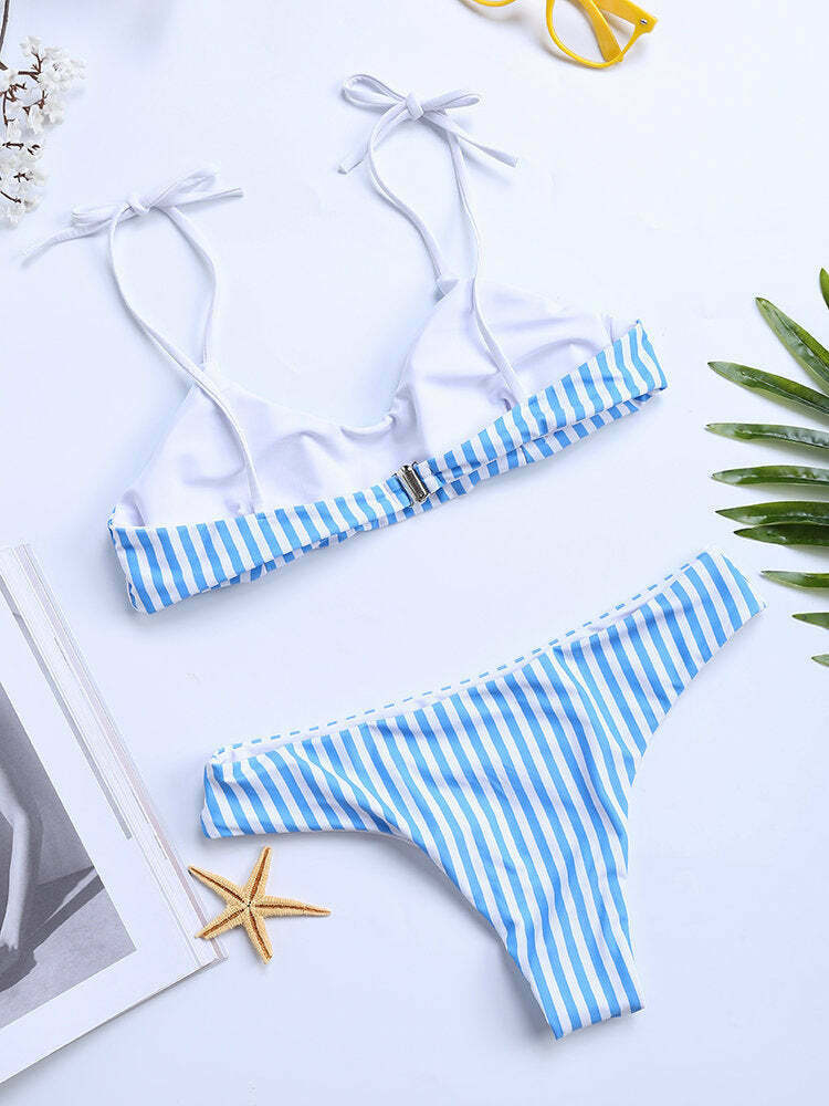 Y2K Aesthetic Stripe Tie Front Halter String Bikini Swimsuit Set - Women's Fashion