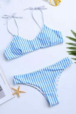 Y2K Aesthetic Stripe Tie Front Halter String Bikini Swimsuit Set - Women's Fashion