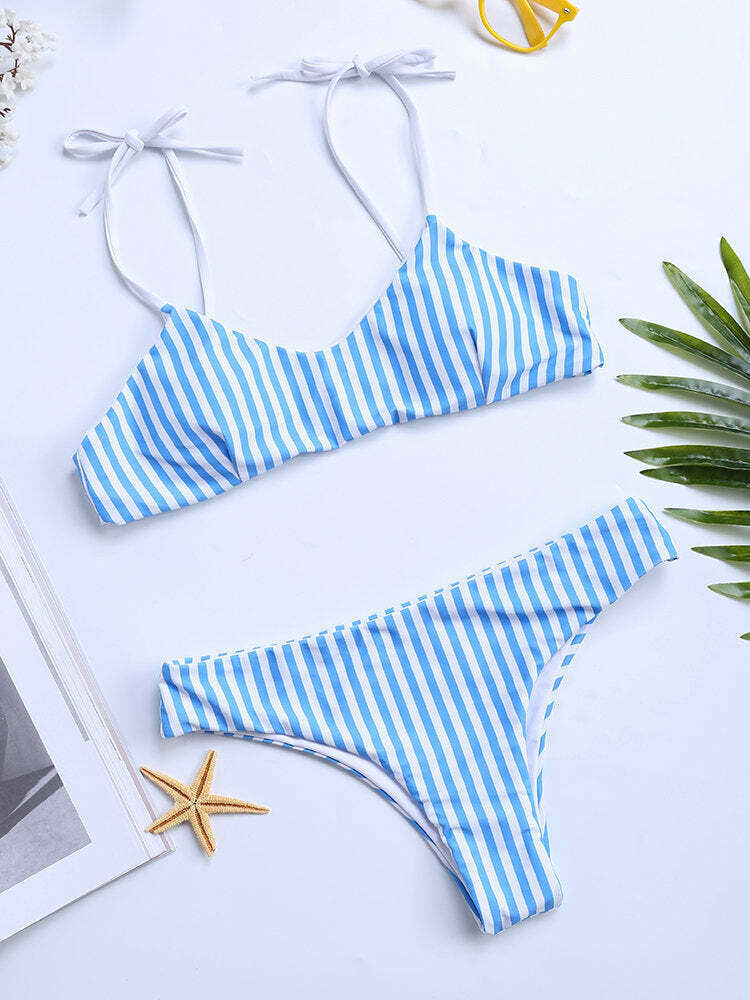 Y2K Aesthetic Stripe Tie Front Halter String Bikini Swimsuit Set - Women's Fashion