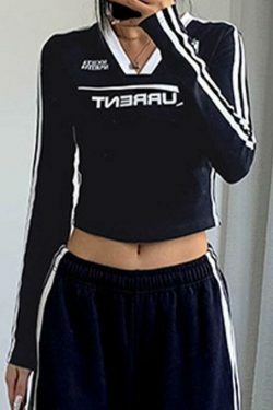 Y2K Aesthetic Stripe V-Neck Long Sleeve Tee for Women - Coquette & Grunge Style Fashion