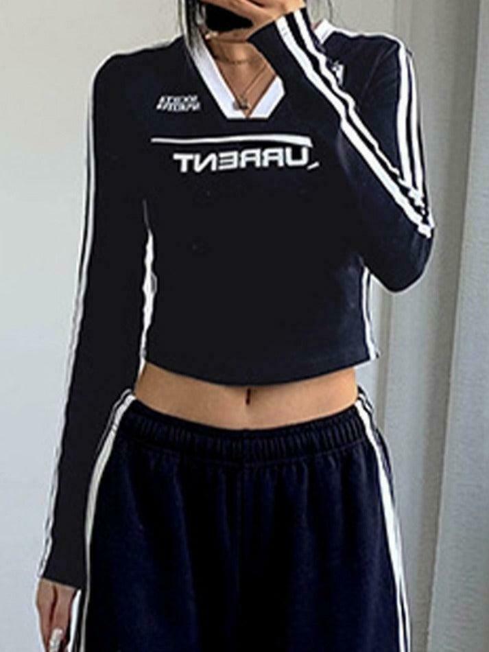 Y2K Aesthetic Stripe V-Neck Long Sleeve Tee for Women - Coquette & Grunge Style Fashion