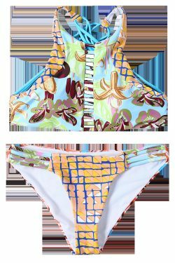 Y2K Aesthetic Striped Bandeau Bikini Set with Floral Accents