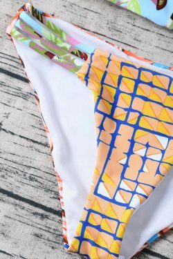 Y2K Aesthetic Striped Bandeau Bikini Set with Floral Accents