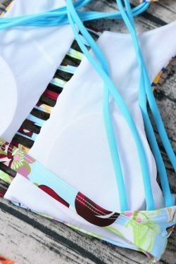 Y2K Aesthetic Striped Bandeau Bikini Set with Floral Accents