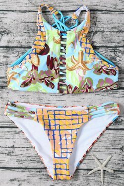 Y2K Aesthetic Striped Bandeau Bikini Set with Floral Accents