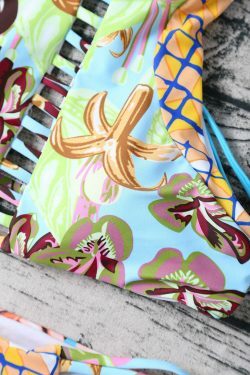 Y2K Aesthetic Striped Bandeau Bikini Set with Floral Accents