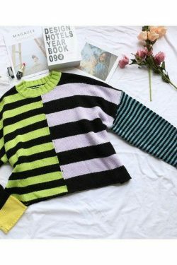Y2K Aesthetic Striped Color Block Sweater for Women - Coquette & Grunge Style Fashion