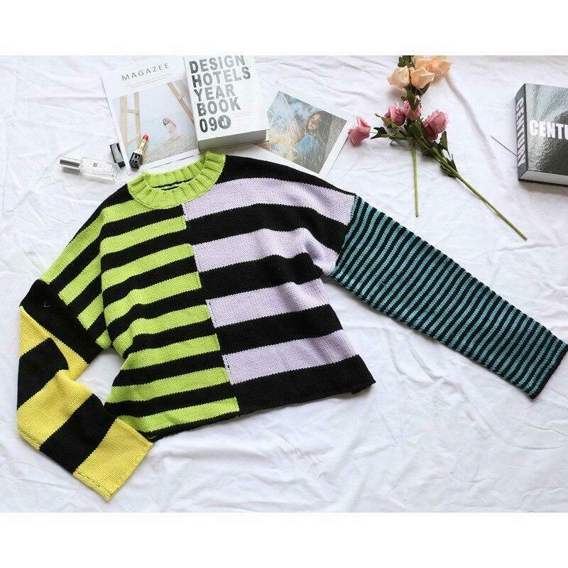 Y2K Aesthetic Striped Color Block Sweater for Women - Coquette & Grunge Style Fashion Y2K Aesthetic Striped Color Block Sweater for Women - Coquette & Grunge Style Fashion