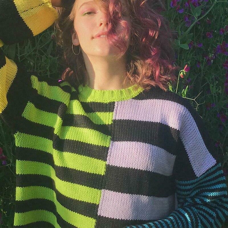 Y2K Aesthetic Striped Color Block Sweater for Women - Coquette & Grunge Style Fashion Y2K Aesthetic Striped Color Block Sweater for Women - Coquette & Grunge Style Fashion