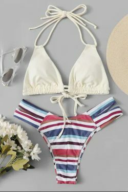 Y2K Aesthetic Striped Halter Bikini Set - Coquette Style, Grunge Fashion, Cute Tops, Pastel Goth