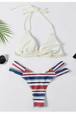 Y2K Aesthetic Striped Halter Bikini Set - Coquette Style for Women