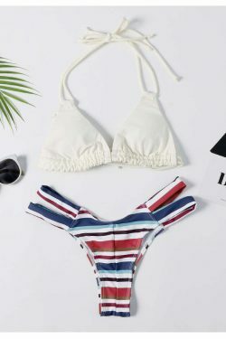 Y2K Aesthetic Striped Halter Bikini Set - Coquette Style for Women