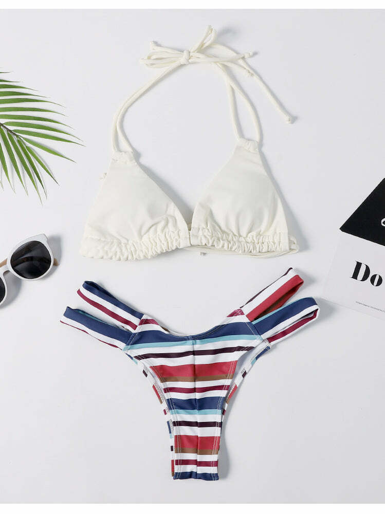 Y2K Aesthetic Striped Halter Bikini Set - Coquette Style for Women Y2K Aesthetic Striped Halter Bikini Set - Coquette Style for Women
