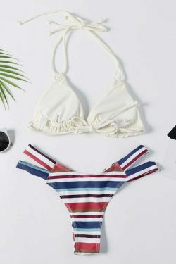 Y2K Aesthetic Striped Halter Bikini Set - Coquette Style for Women