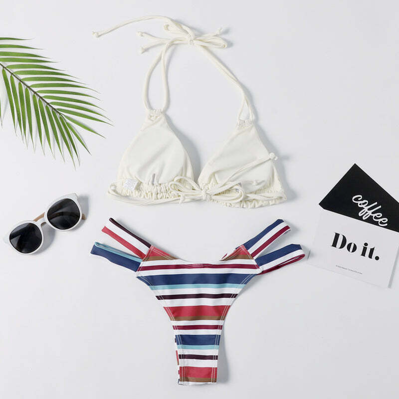 Y2K Aesthetic Striped Halter Bikini Set - Coquette Style for Women Y2K Aesthetic Striped Halter Bikini Set - Coquette Style for Women