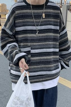 Y2K Aesthetic Striped Knit Sweater - Coquette & Grunge Style, Cute Tops, Pastel Goth, Cargo Skirt,