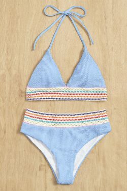 Y2K Aesthetic Striped Neck-Hanging Split Two-Piece Bikini - Coquette Fashion