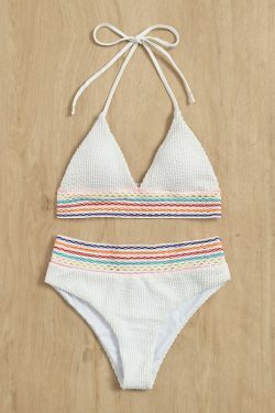 Y2K Aesthetic Striped Neck-Hanging Split Two-Piece Bikini - Coquette Fashion