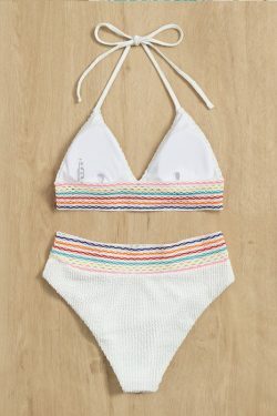 Y2K Aesthetic Striped Neck-Hanging Split Two-Piece Bikini - Coquette Fashion