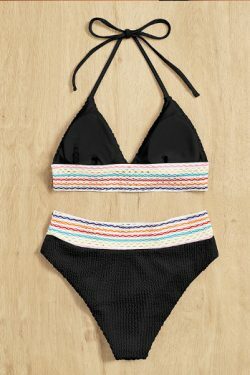 Y2K Aesthetic Striped Neck-Hanging Split Two-Piece Bikini - Coquette Fashion