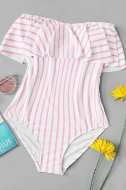 Y2K Aesthetic Striped Off-Shoulder Swimsuit - Coquette Style for Niche Women Fashion