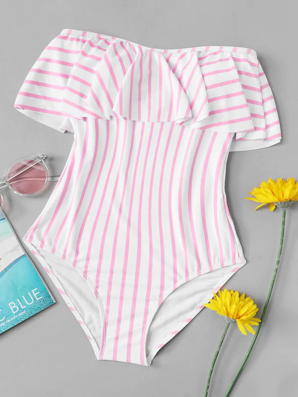 Y2K Aesthetic Striped Off-Shoulder Swimsuit - Coquette Style for Niche Women Fashion Y2K Aesthetic Striped Off-Shoulder Swimsuit - Coquette Style for Niche Women Fashion