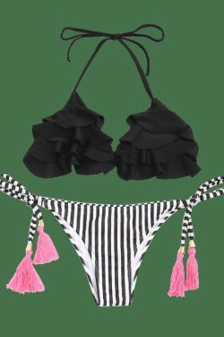 Y2K Aesthetic Striped Ruffles Bathing Suit for Women - Trendy and Fashionable Swimwear