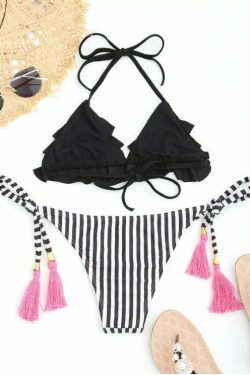 Y2K Aesthetic Striped Ruffles Bathing Suit for Women - Trendy and Fashionable Swimwear