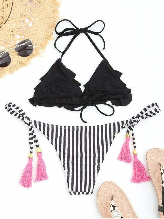 Y2K Aesthetic Striped Ruffles Bathing Suit for Women - Trendy and Fashionable Swimwear Y2K Aesthetic Striped Ruffles Bathing Suit for Women - Trendy and Fashionable Swimwear