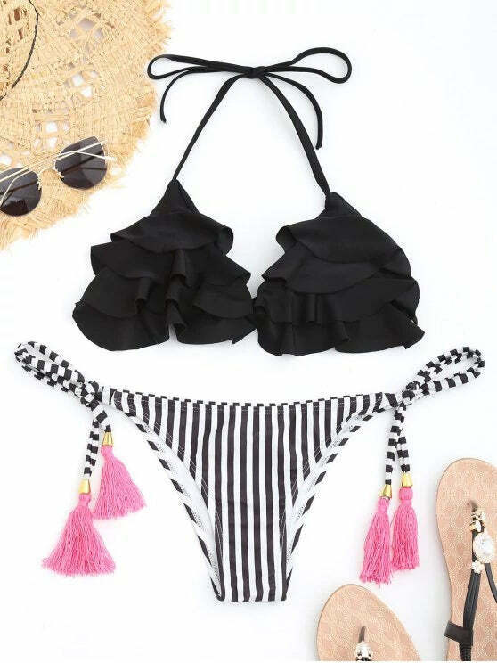 Y2K Aesthetic Striped Ruffles Bathing Suit for Women - Trendy and Fashionable Swimwear Y2K Aesthetic Striped Ruffles Bathing Suit for Women - Trendy and Fashionable Swimwear
