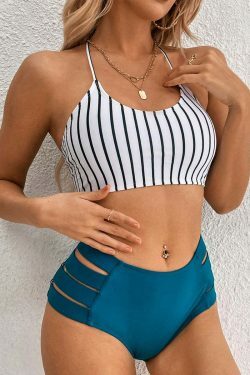 Y2K Aesthetic Striped Suspender Split Bikini - Coquette & Grunge Style Fashion