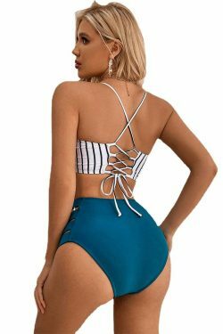 Y2K Aesthetic Striped Suspender Split Bikini - Coquette & Grunge Style Fashion