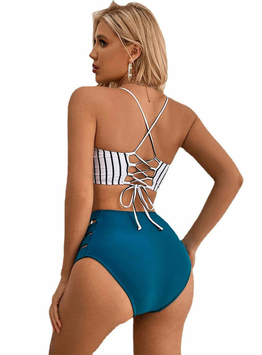Y2K Aesthetic Striped Suspender Split Bikini - Coquette & Grunge Style Fashion Y2K Aesthetic Striped Suspender Split Bikini - Coquette & Grunge Style Fashion