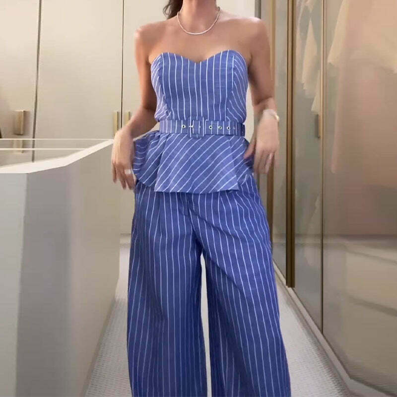 Y2K Aesthetic Striped Tube Top & Casual Pants Suit for Women - Coquette & Grunge Style