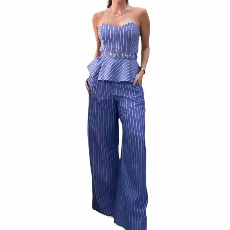 Y2K Aesthetic Striped Tube Top & Casual Pants Suit for Women - Coquette & Grunge Style