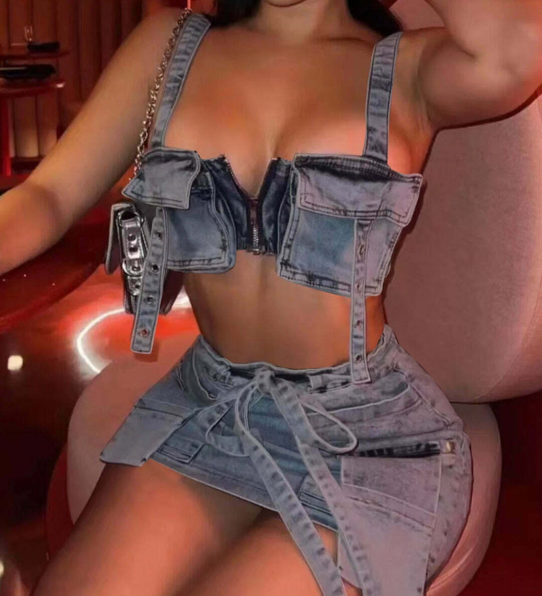 Y2K Aesthetic Suspender Skirt Set - Coquette Style Tube Top & Cargo Skirt for Women