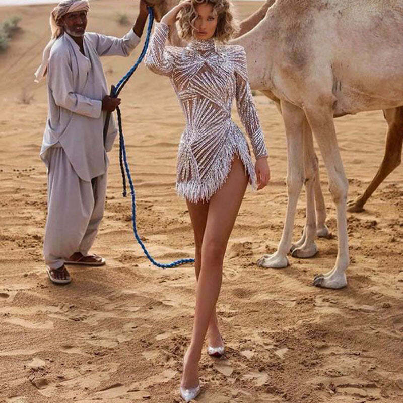 Y2K Aesthetic Tassel Dress with Gold and Silver Accents for Women's Fashion