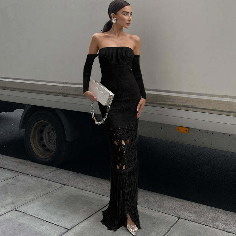 Y2K Aesthetic Tassel Off Shoulder Bodycon Dress with Long Skirt - Coquette & Grunge Style