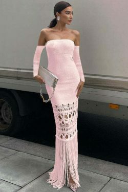 Y2K Aesthetic Tassel Off Shoulder Bodycon Dress with Long Skirt - Coquette & Grunge Style