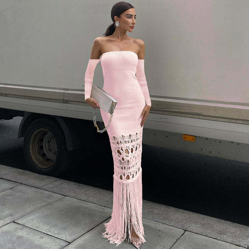 Y2K Aesthetic Tassel Off Shoulder Bodycon Dress with Long Skirt - Coquette & Grunge Style