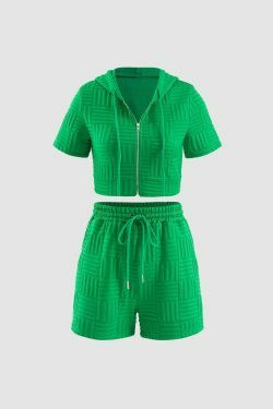 Y2K Aesthetic Textured Hooded T-Shirt and Drawstring Shorts Set for Women