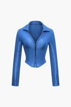 Y2K Aesthetic Textured Hook And Eye Collar Long Sleeve Top for Women - Coquette Fashion Grunge Style