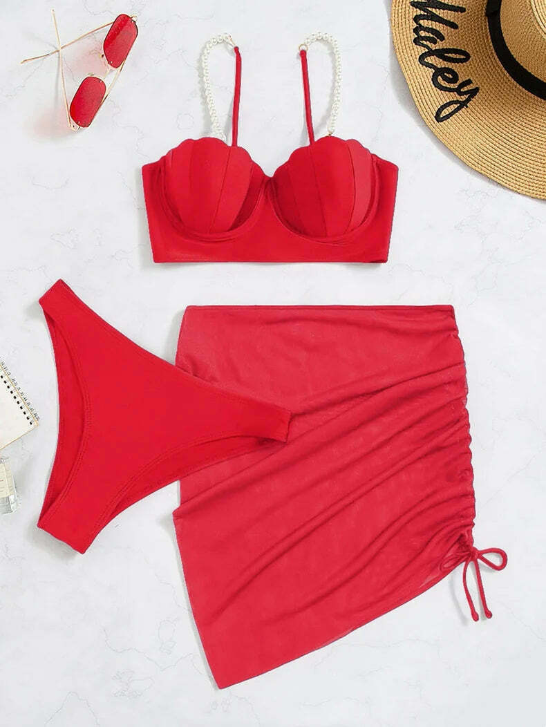 Y2K Aesthetic Three-Piece Bikini Set in Solid Colors Y2K Aesthetic Three-Piece Bikini Set in Solid Colors