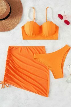 Y2K Aesthetic Three-Piece Bikini Set in Solid Colors