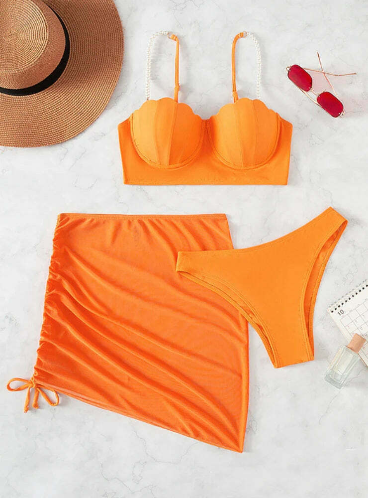 Y2K Aesthetic Three-Piece Bikini Set in Solid Colors Y2K Aesthetic Three-Piece Bikini Set in Solid Colors