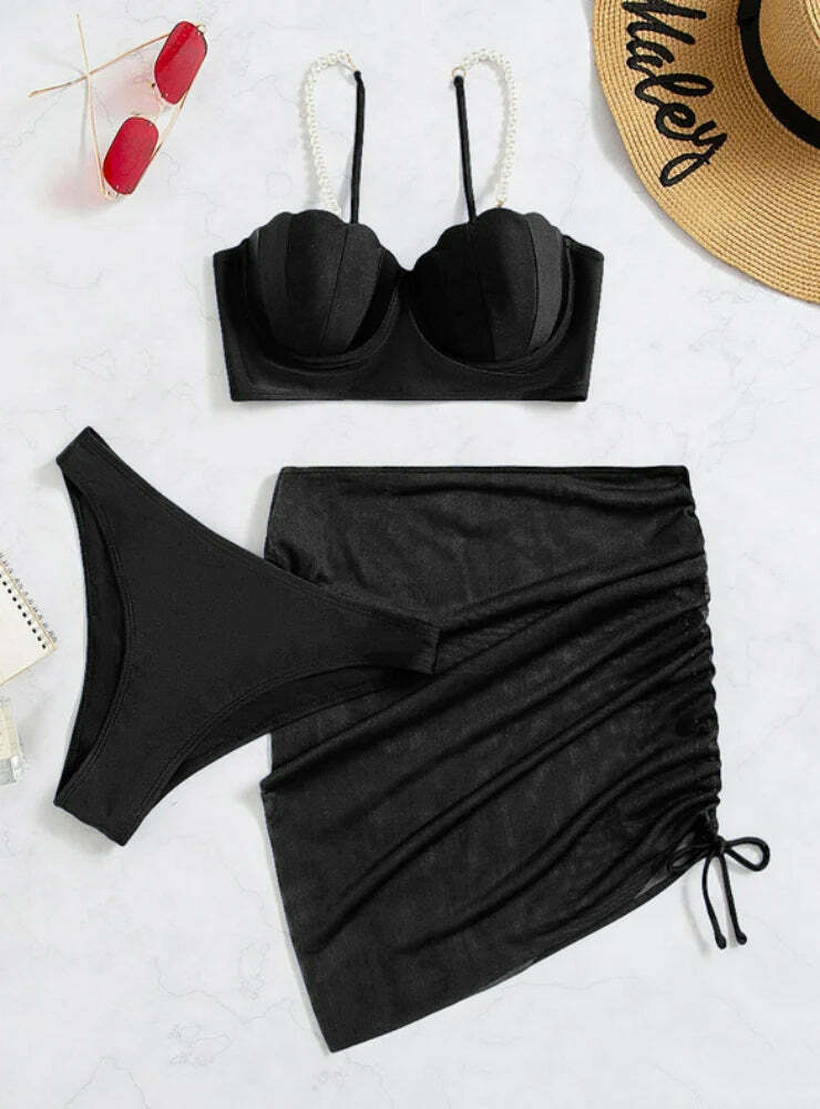 Y2K Aesthetic Three-Piece Bikini Set in Solid Colors Y2K Aesthetic Three-Piece Bikini Set in Solid Colors