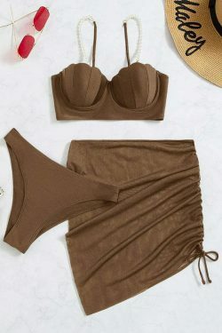 Y2K Aesthetic Three-Piece Bikini Set in Solid Colors
